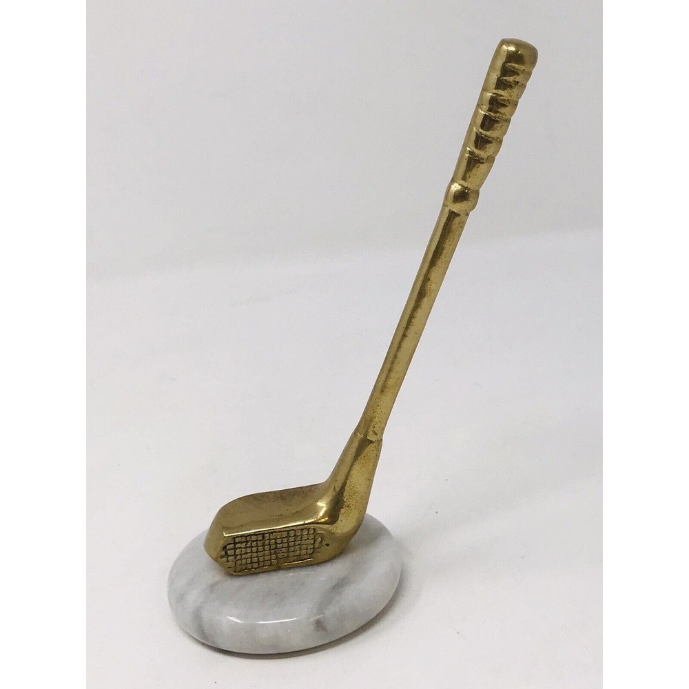 Brass Golf Club Paperweight White Marble Base Golf Gift Desk Accessory Vintage